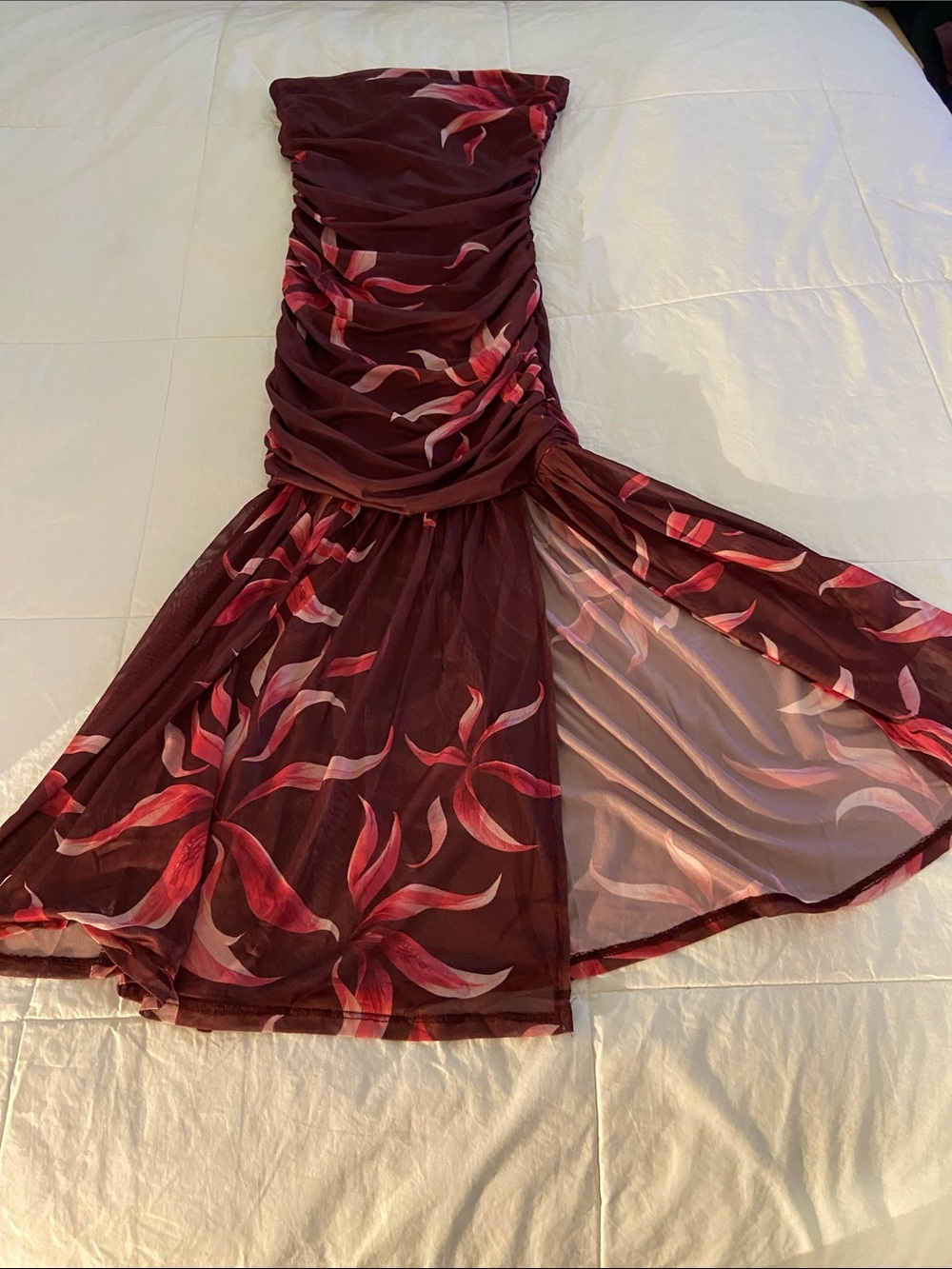 Burgundy Floral Tube Evening Dress - Elegant Ruched Maxi Dress